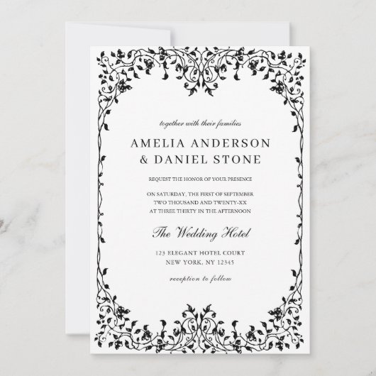 QR Code Moderne Schwarz/Weiß Minimal Leaf Hochzeit Einladung (Vorderseite)