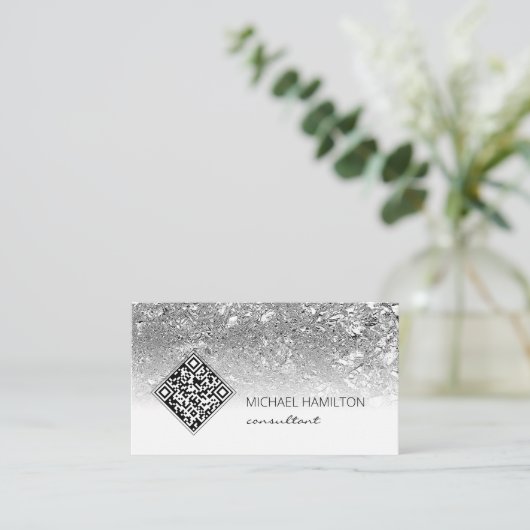 QR Code Moderne Silver Business Card Visitenkarte (Stehend Vorderseite)