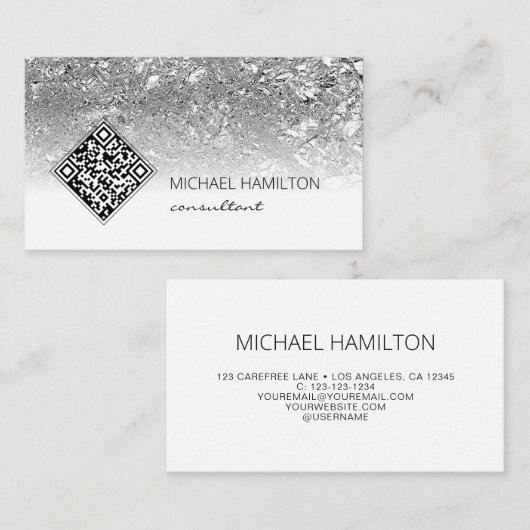 QR Code Moderne Silver Business Card Visitenkarte (Vorne/Hinten)