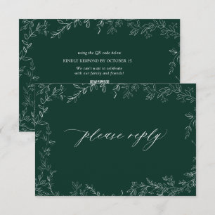QR Code Moderne Smaragdgrüne Elegant Leaf Wedding RSVP Karte