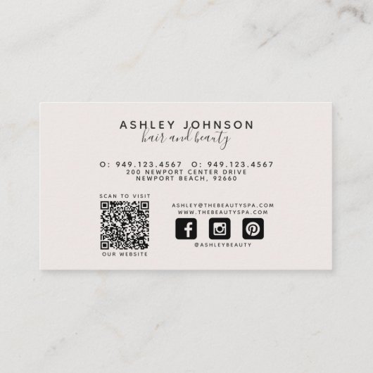 QR-Code Moderne Social Media Botanische Blush-Scri Visitenkarte (Rückseite)
