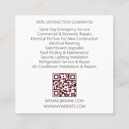 QR Code Moderner Electrician Lighting Contractor Quadratische Visitenkarte (Rückseite)