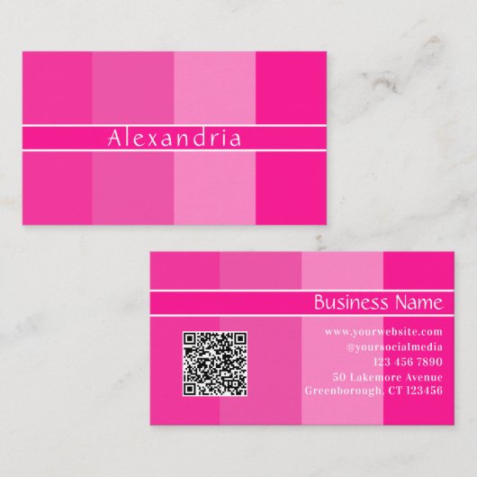 QR-Code Moderner Name Hot Pink Stripes Visitenkarte (Vorne/Hinten)