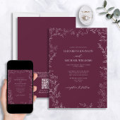 QR Code Modernes Burgund Minimal Leaf Hochzeit Einladung