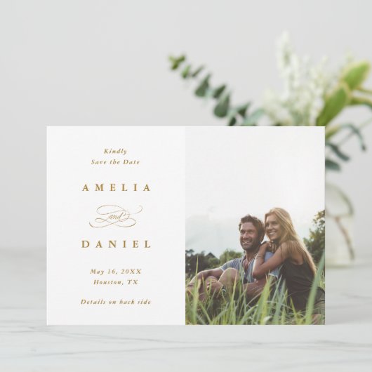 QR-Code Modernes Foto Wedding Gold Save The Date (Stehend Vorderseite)