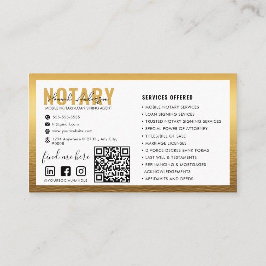 QR-Code | Modernes Gold Mobile Notar Visitenkarte (Rückseite)