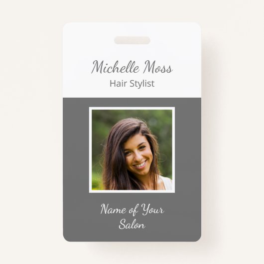 QR-Code Modernes Haar Stylist Grau Weiß Ausweis (Vorderseite)