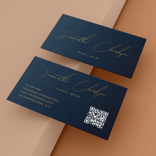 QR-Code Modernes Marineblau und Gold Handschrift-S Visitenkarte