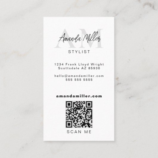 QR-Code Modernes Minimalistisches Monogramm Weißes Visitenkarte (Rückseite)