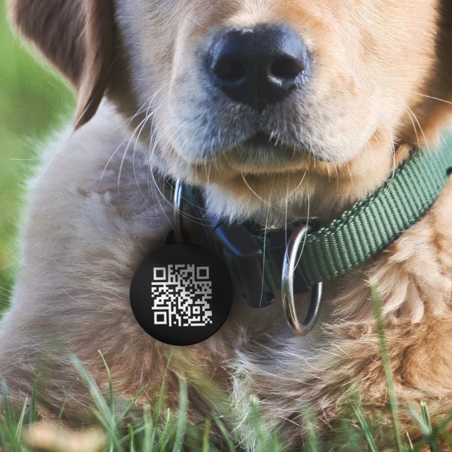 QR-Code | Modernes schwarzes Scannable wenn verlor Haustiermarke (Versatile editable pet ID tag template with interactive QR code & text.)