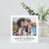 QR Code Modernes Skript Foto Overlay Square Hochze Save The Date (Stehend Vorderseite)