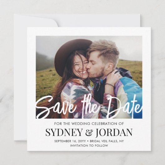 QR Code Modernes Skript Foto Overlay Square Hochze Save The Date (Vorderseite)