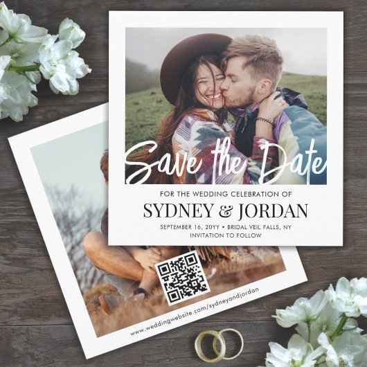 QR Code Modernes Skript Foto Overlay Square Hochze Save The Date