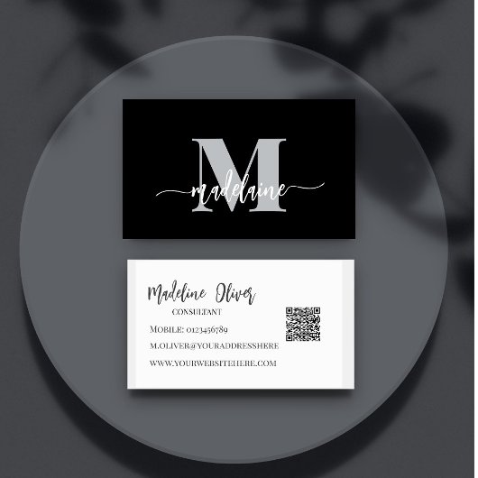 QR Code Monogram Black Elegant Visitenkarte