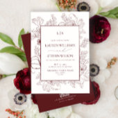 QR Code Monogram Burgundy Floral Line Art Wedding Einladung