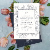 QR Code Monogram Elegant Navy Blue Floral Line Art Einladung