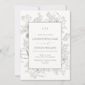 QR-Code Monogram Elegantsage Green Floral Line Einladung (Vorderseite)