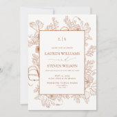 QR Code Monogram Orange Floral Line Art Wedding Einladung (Vorderseite)