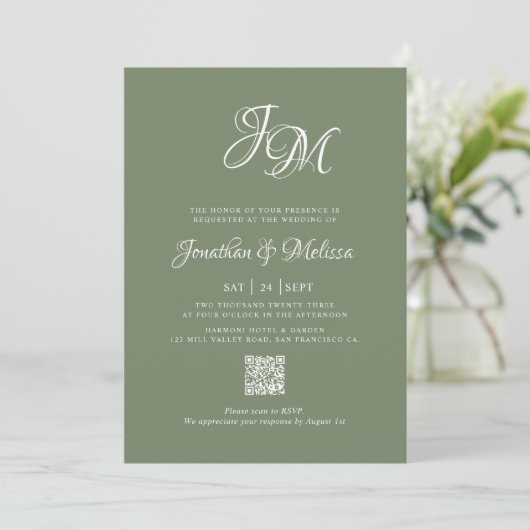 QR Code Monogram Script Sage Green Foto Hochzeit Einladung (Stehend Vorderseite)