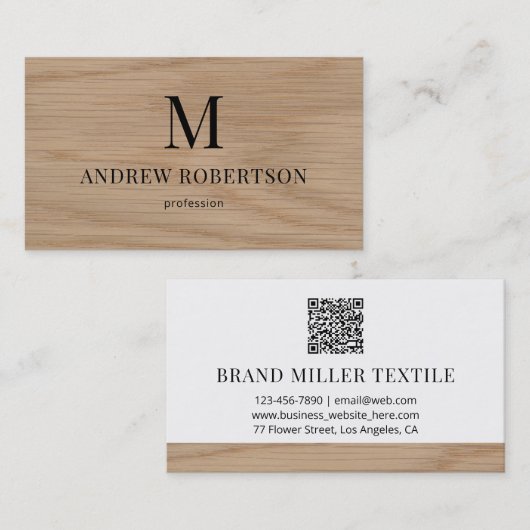 QR-Code Monogramm Holzmuster Visitenkarte (Vorne/Hinten)