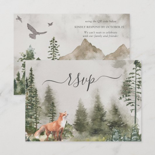 QR Code Mountain Forest Rustic Woods Wedding RSVP Karte (Vorne/Hinten)