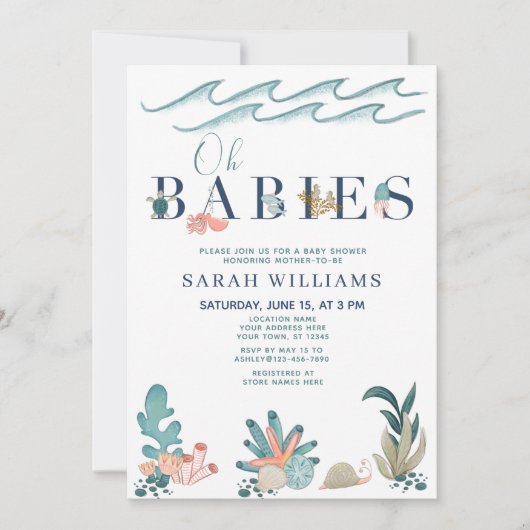 QR Code Multiples Under Sea Oh Babies Shower Einladung (Vorderseite)