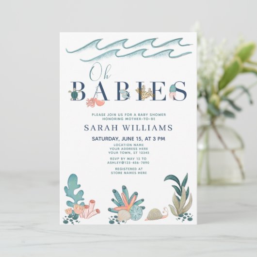 QR Code Multiples Under Sea Oh Babies Shower Einladung (Stehend Vorderseite)