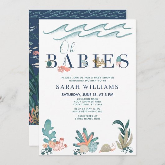 QR Code Multiples Under Sea Oh Babies Shower Einladung (Vorne/Hinten)