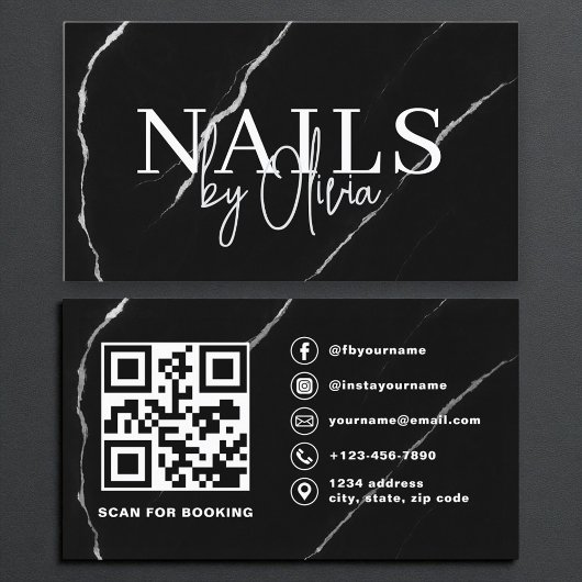 QR Code Nail Specialist Artist Black Silver Marmor Visitenkarte