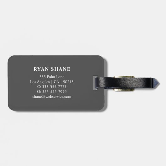 QR-Code, Name & Info, Dunkelgrau & Weiß, elegant Gepäckanhänger (Rückseite horizontal)