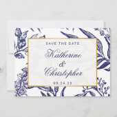 QR-Code Navy Blau Botanisches Foto Save the Date (Vorderseite)