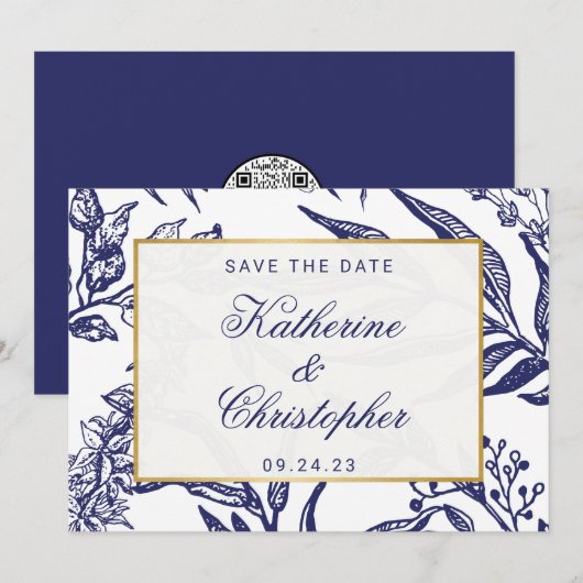 QR-Code Navy Blau Botanisches Foto Save the Date (Vorne/Hinten)