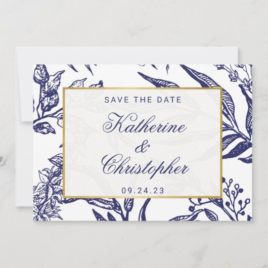 QR Code Navy Blue Botanisches Foto Save the Date (Vorderseite)