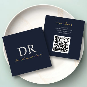 Qr Code Navy Blue & Gold Initial Monogram Quadratische Visitenkarte
