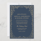 QR Code Navy Blue Gold Minimal Hochzeit Einladung (Vorderseite)