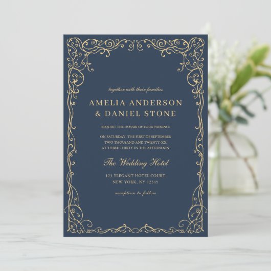 QR Code Navy Blue Gold Minimal Hochzeit Einladung (Stehend Vorderseite)