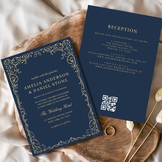 QR Code Navy Blue Gold Minimal Hochzeit Einladung