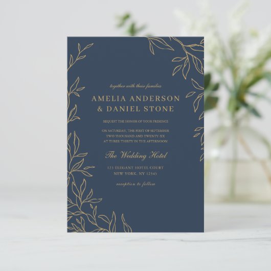 QR Code Navy Blue Gold Minimal Leaf Hochzeit Einladung (Stehend Vorderseite)