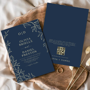 QR Code Navy Blue & Gold Minimal Leaf Hochzeit Einladung