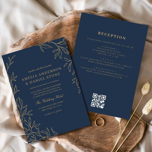 QR Code Navy Blue Gold Minimal Leaf Hochzeit Einladung