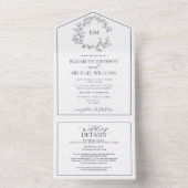 QR Code Navy Blue Leafy Wappen Monogram Wedding All In One Einladung (Innen Boden)