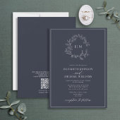 QR Code Navy Blue Leafy Wappen Monogram Wedding Einladung