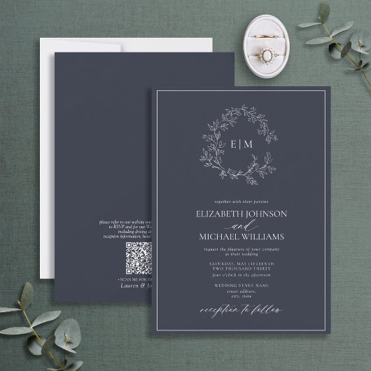 QR Code Navy Blue Leafy Wappen Monogram Wedding Einladung