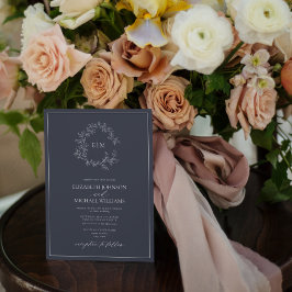 QR Code Navy Blue Leafy Wappen Monogram Wedding Einladung