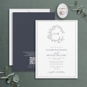 QR Code Navy Blue Leafy Wappen Monogram Wedding Einladung