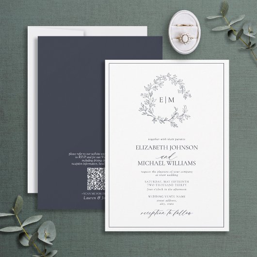 QR Code Navy Blue Leafy Wappen Monogram Wedding Einladung