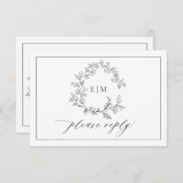 QR Code Navy Blue Leafy Wappen Monogram Wedding RSVP Karte