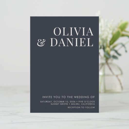 QR Code Navy Blue Minimalist Photo Wedding Einladung (Stehend Vorderseite)
