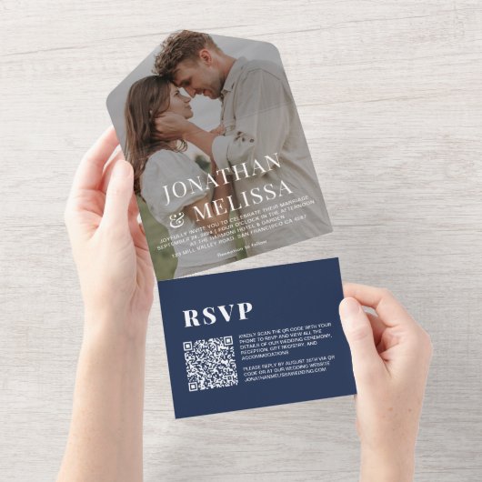 QR-Code | Navy Blue Overlay Foto Wedding All In One Einladung (Abreißen)