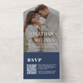 QR-Code | Navy Blue Overlay Foto Wedding All In One Einladung (Innen Boden)